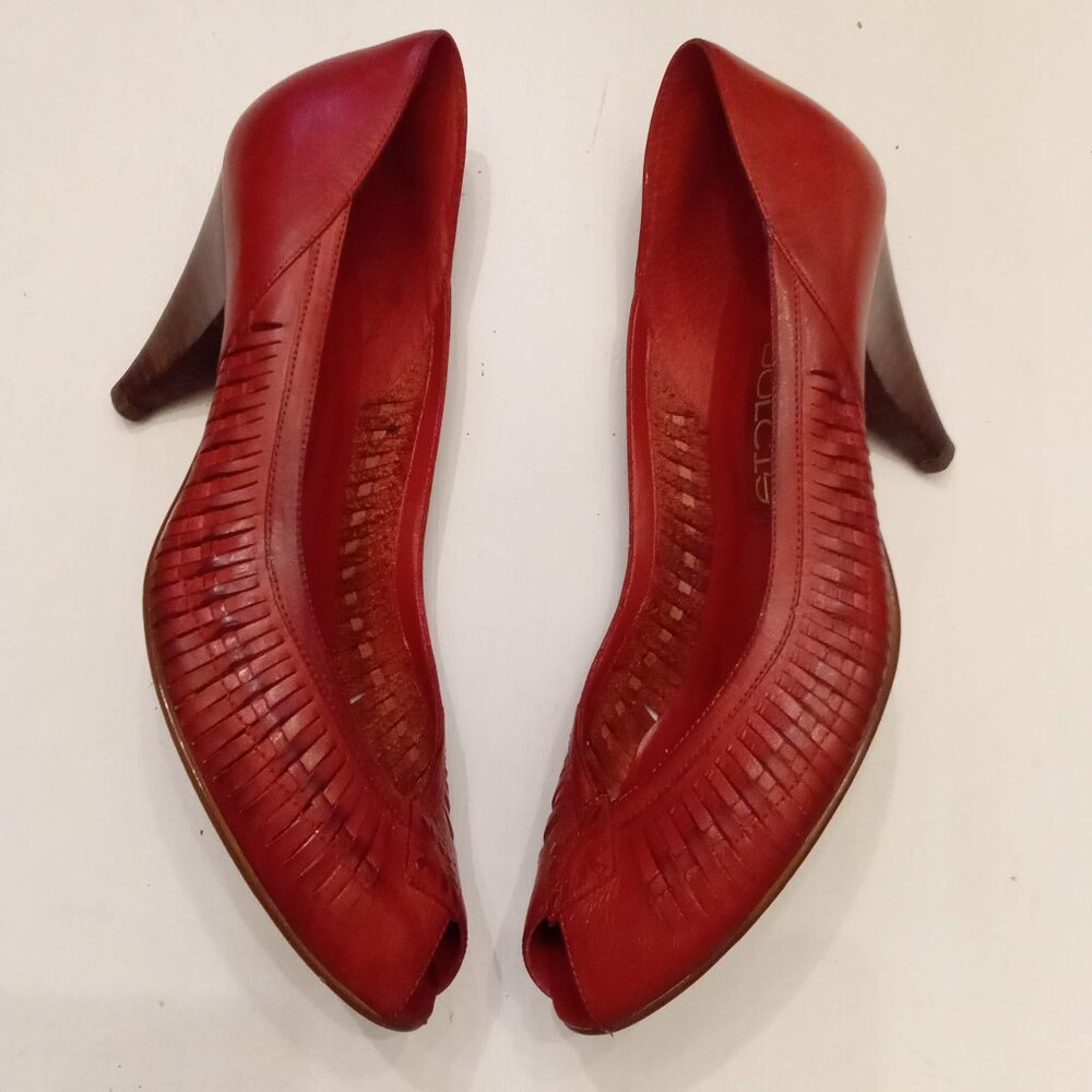 Dolcis Red Leather Shoes VTG Peep Toe Heels Woven Huarache Pumps EST size 7.5 -